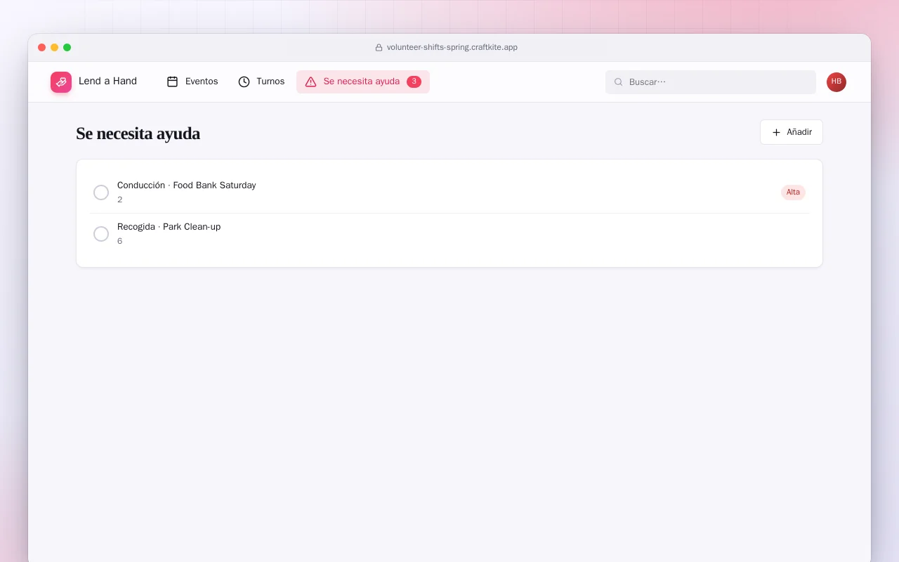 Turnos de voluntariado (Spring Boot): la pantalla Se necesita ayuda