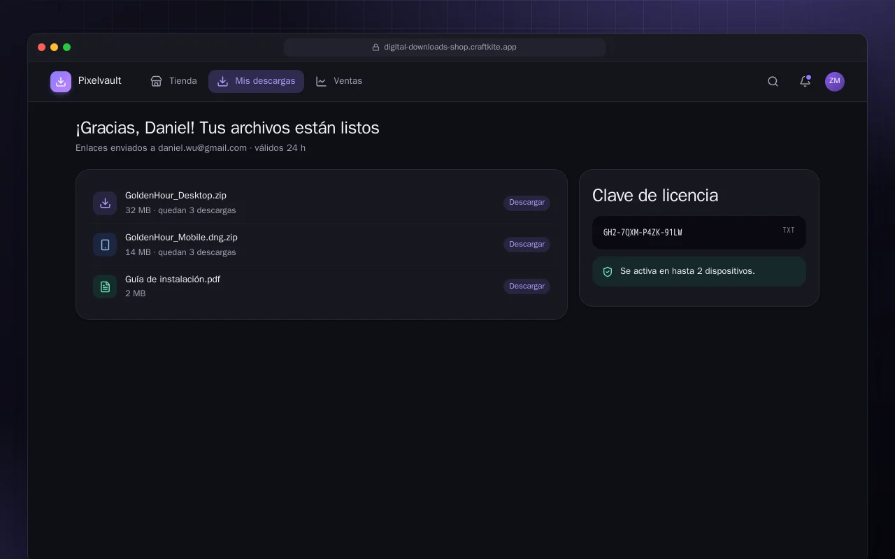 Tienda de descargas digitales: la pantalla ¡Gracias, Daniel! Tus archivos están listos