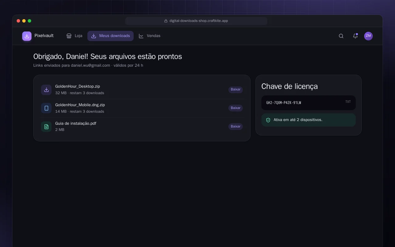 Loja de downloads digitais: a tela Obrigado, Daniel! Seus arquivos estão prontos