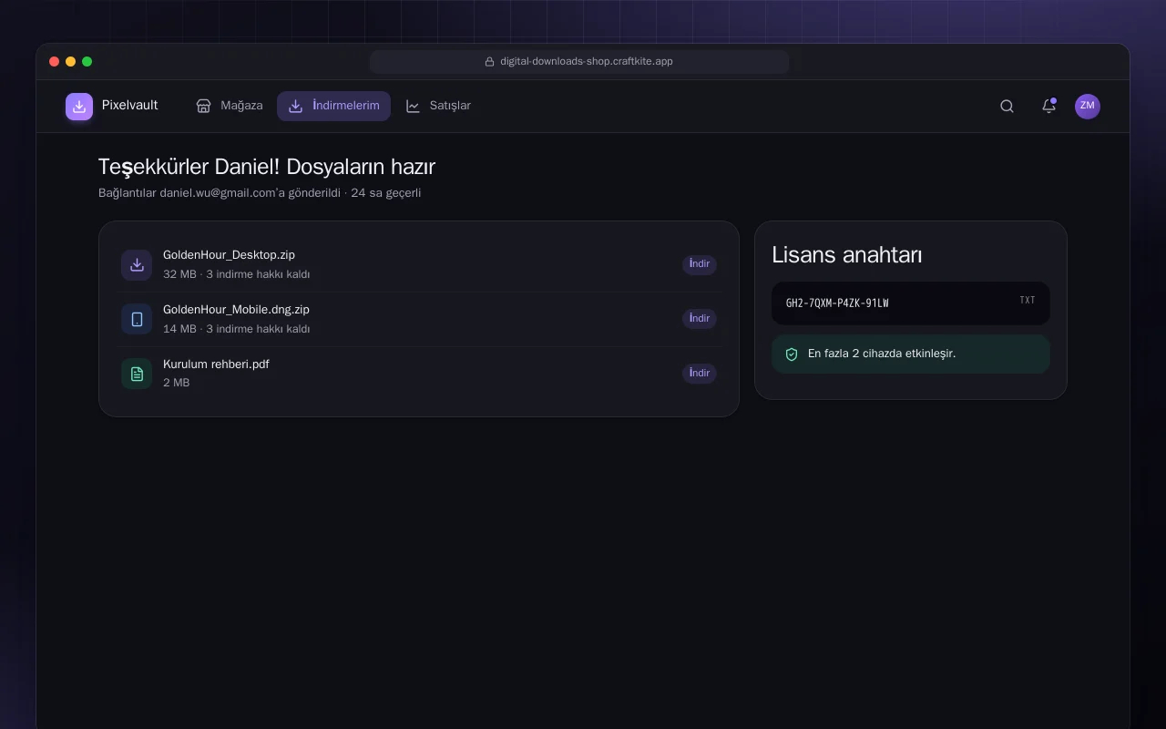 Dijital indirme mağazası: Teşekkürler Daniel! Dosyaların hazır ekranı