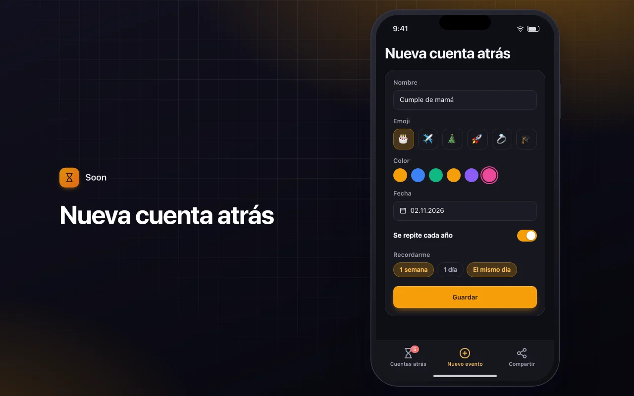 Cuenta atrás de eventos: la pantalla Nueva cuenta atrás