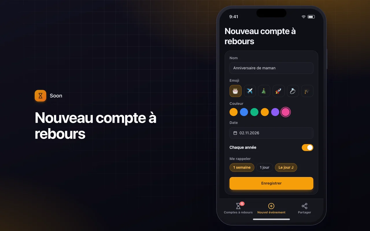 Compte à rebours d’événements : l’écran Nouveau compte à rebours