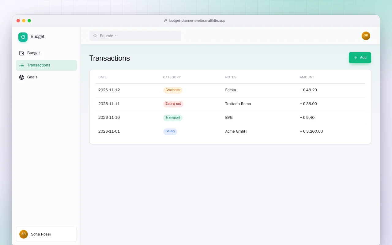 Budget Planner (SvelteKit): the Transactions screen