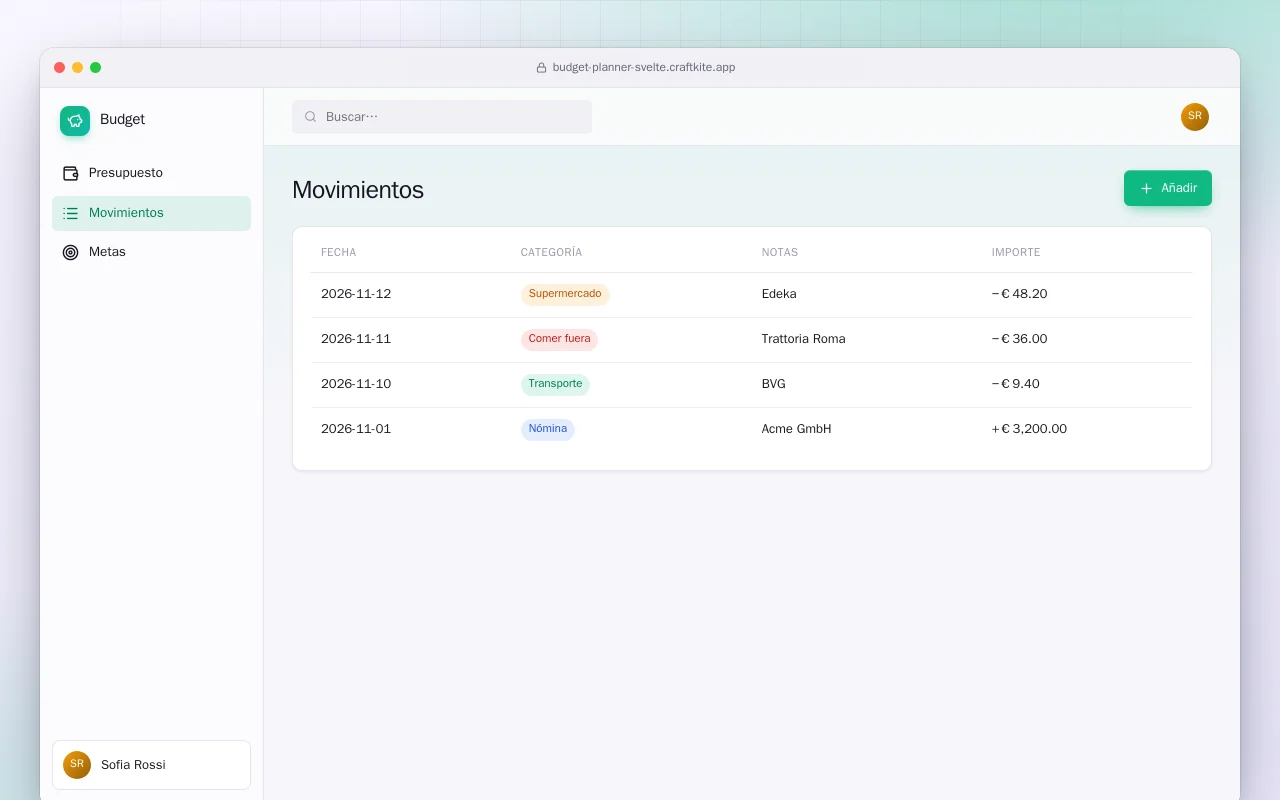 Planificador de presupuesto (SvelteKit): la pantalla Movimientos
