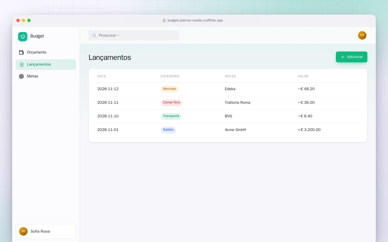 Planejador de orçamento (SvelteKit): a tela Lançamentos