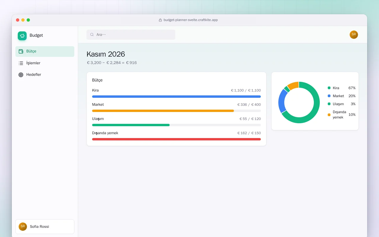 Bütçe Planlayıcı (SvelteKit): Kasım 2026 ekranı