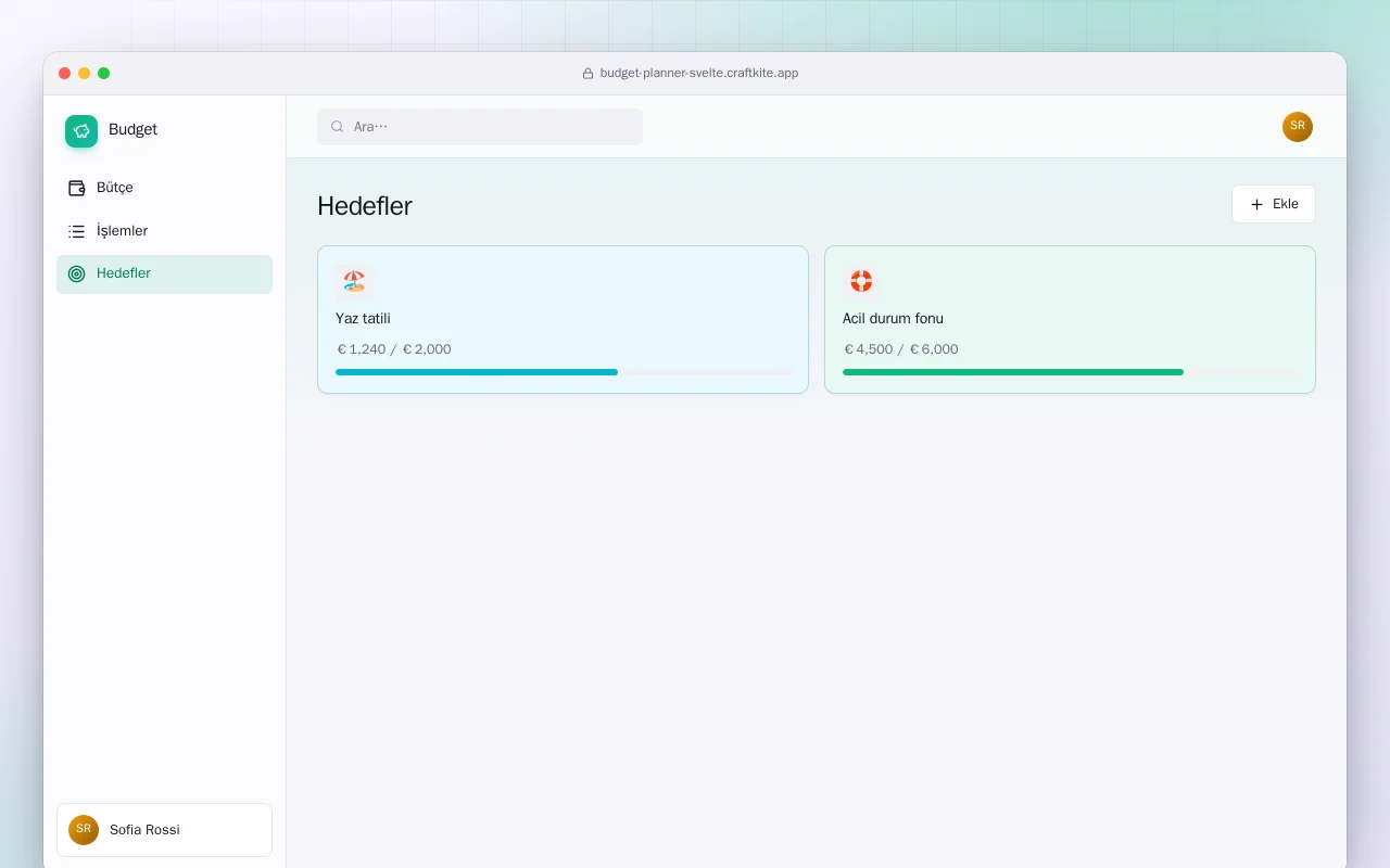 Bütçe Planlayıcı (SvelteKit): Hedefler ekranı
