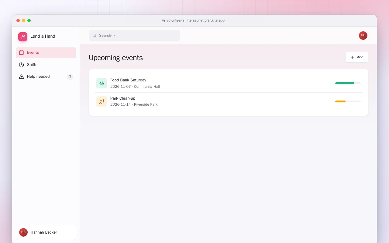 Volunteer Shifts (ASP.NET Core): the Upcoming events screen