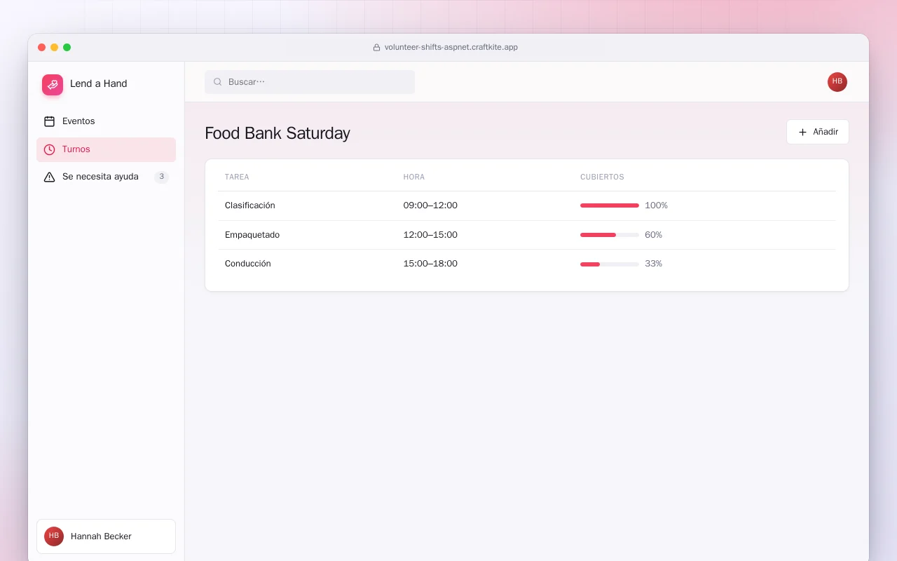 Turnos de voluntariado (ASP.NET Core): la pantalla Food Bank Saturday