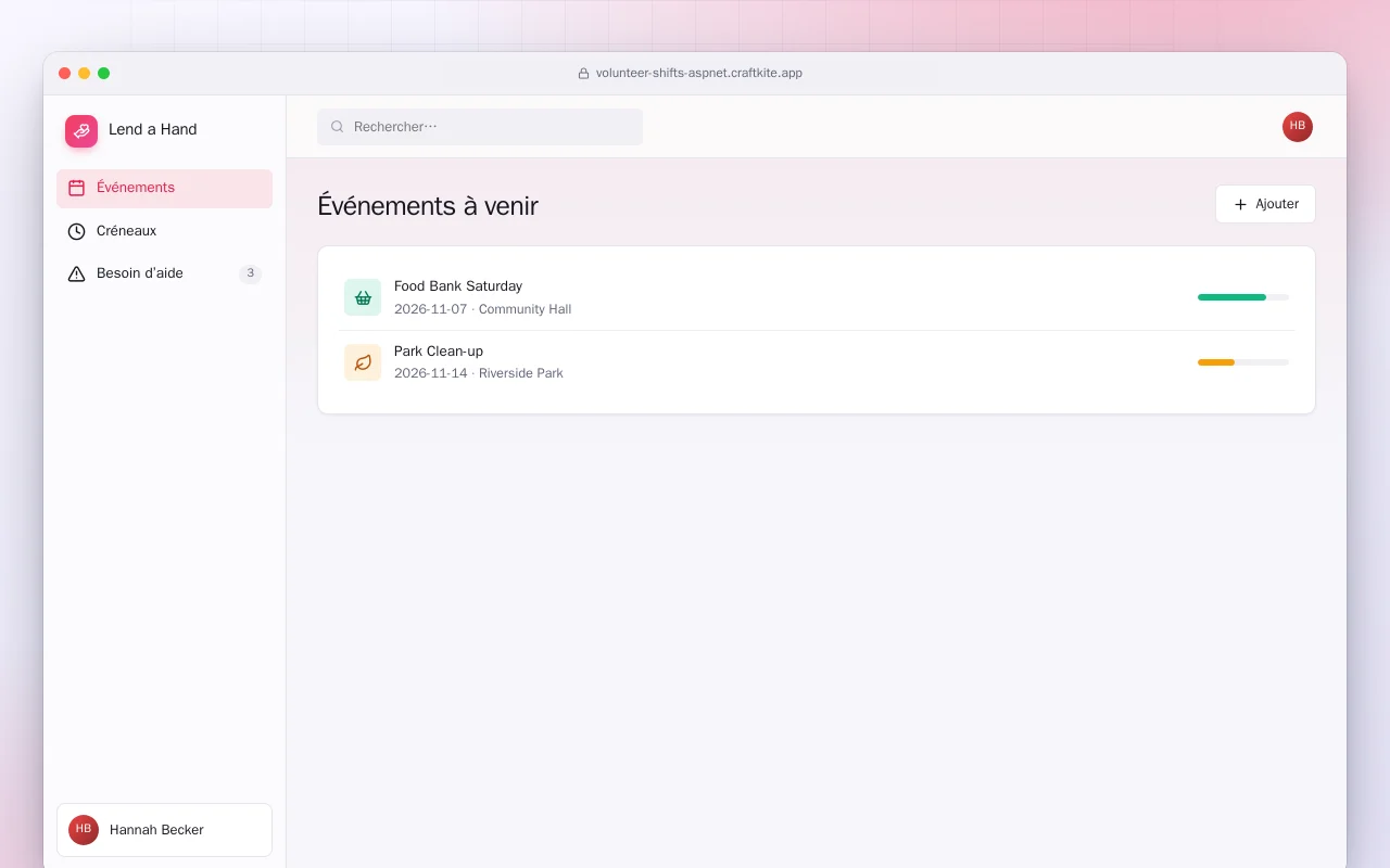 Créneaux de bénévolat (ASP.NET Core) : l’écran Événements à venir
