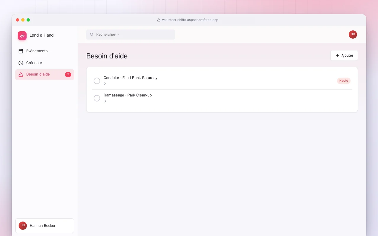 Créneaux de bénévolat (ASP.NET Core) : l’écran Besoin d’aide