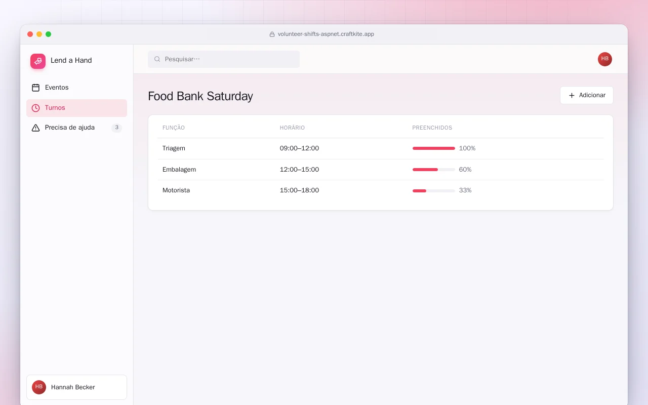 Turnos de voluntariado (ASP.NET Core): a tela Food Bank Saturday