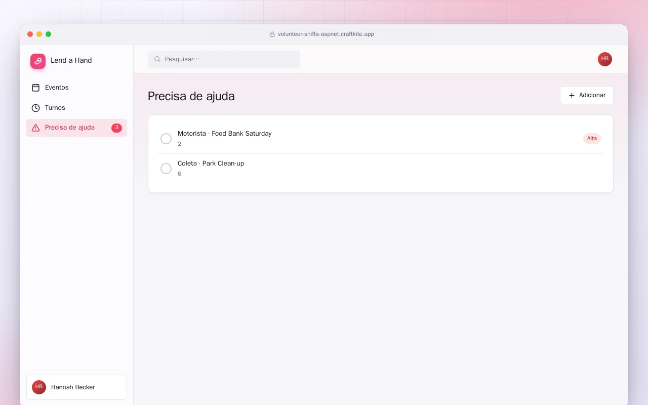 Turnos de voluntariado (ASP.NET Core): a tela Precisa de ajuda