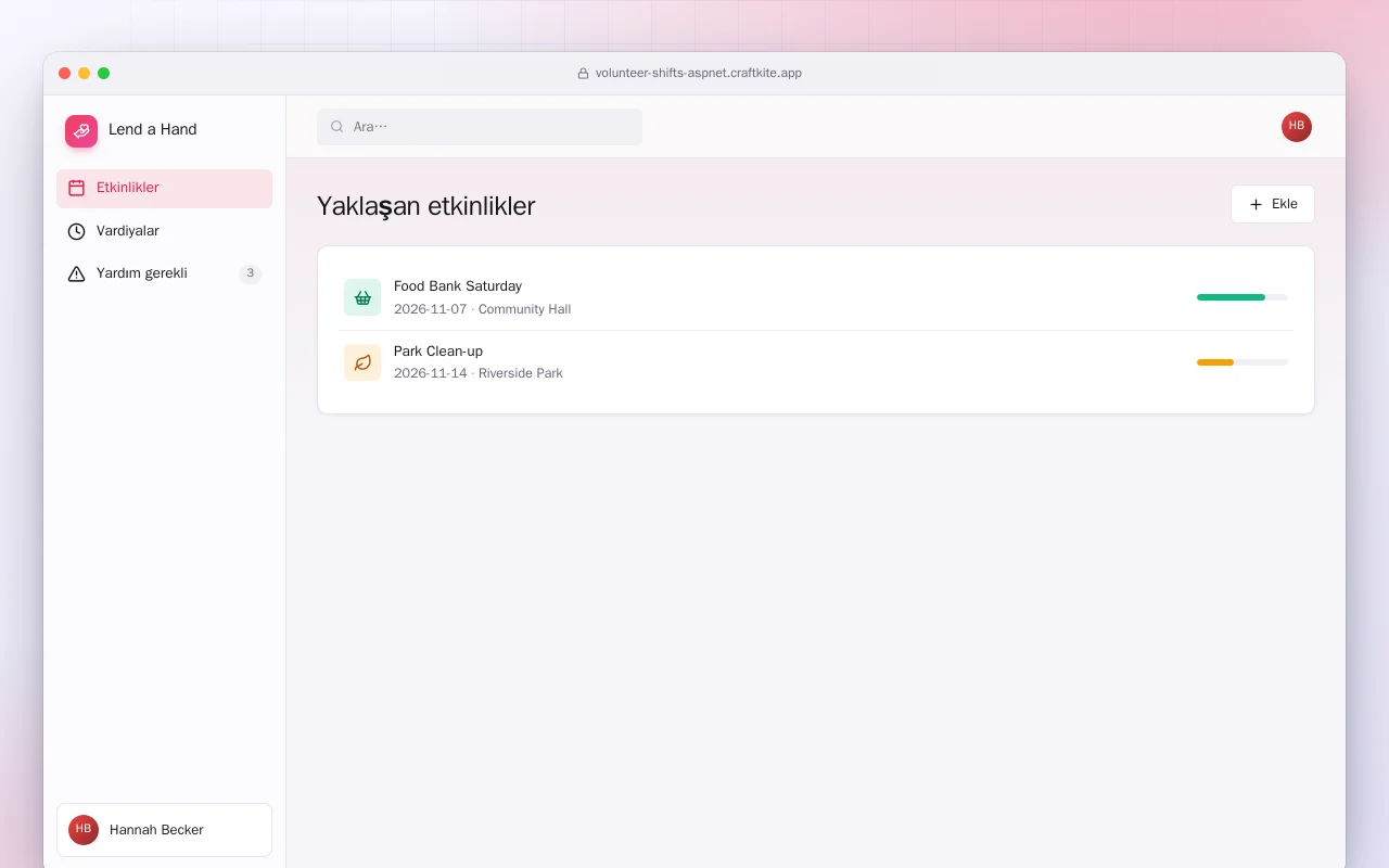 Gönüllü Vardiyaları (ASP.NET Core): Yaklaşan etkinlikler ekranı