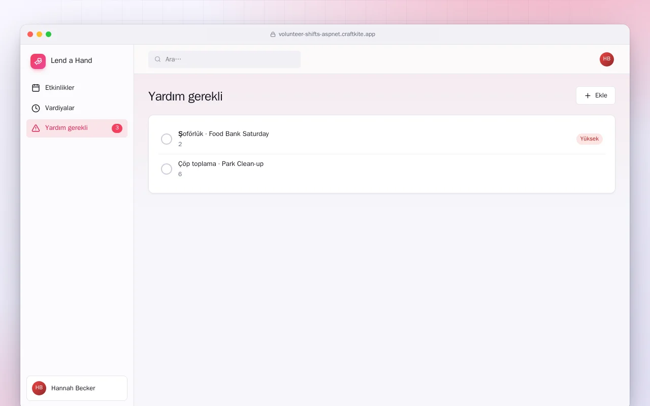 Gönüllü Vardiyaları (ASP.NET Core): Yardım gerekli ekranı