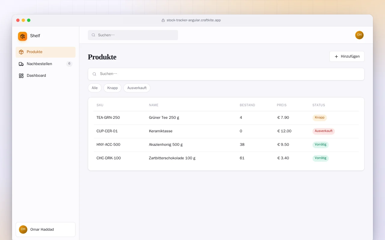 Lagerbestand (Angular): der Bildschirm „Produkte“