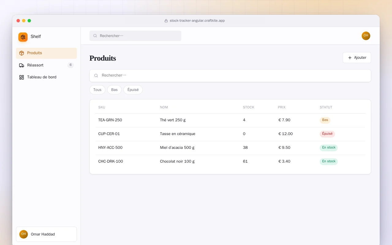 Suivi de stock (Angular) : l’écran Produits