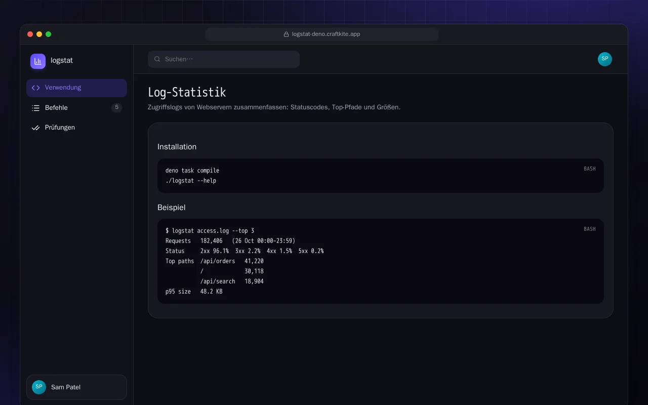 Log-Statistik (Deno): der Bildschirm „Log-Statistik“