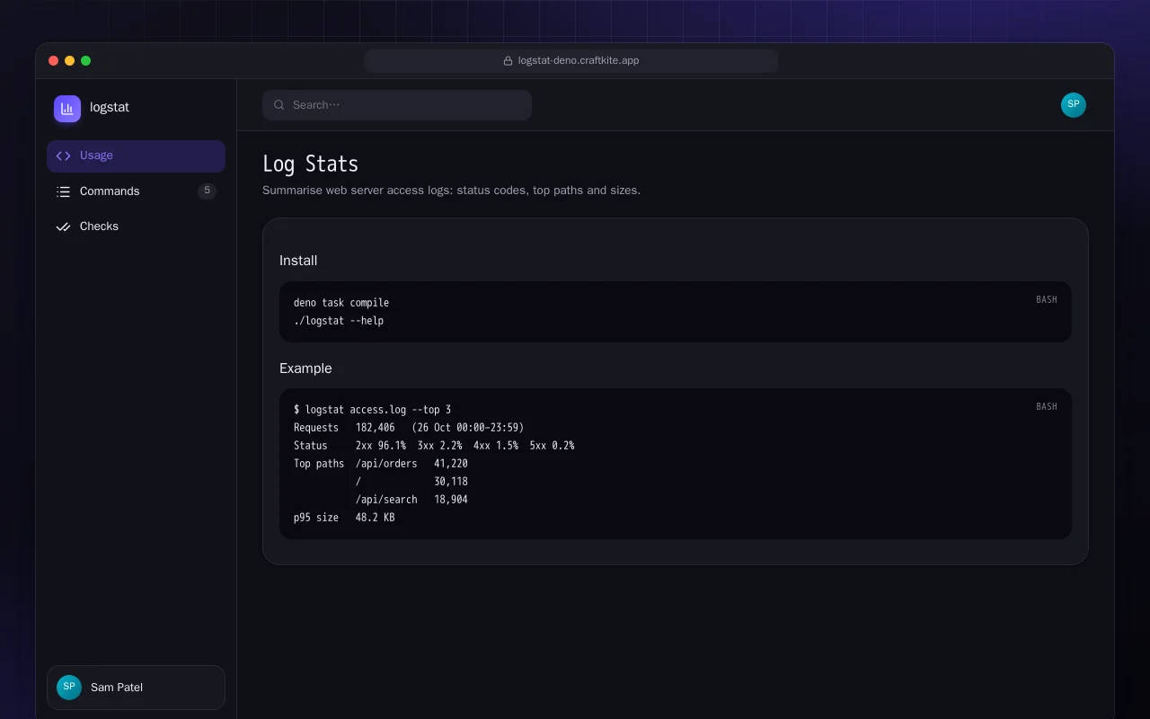 Log Stats (Deno): the Log Stats screen