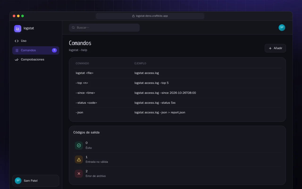 Estadísticas de logs (Deno): la pantalla Comandos