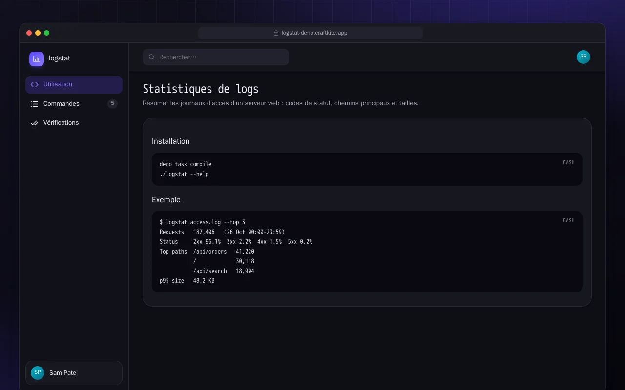 Statistiques de logs (Deno) : l’écran Statistiques de logs