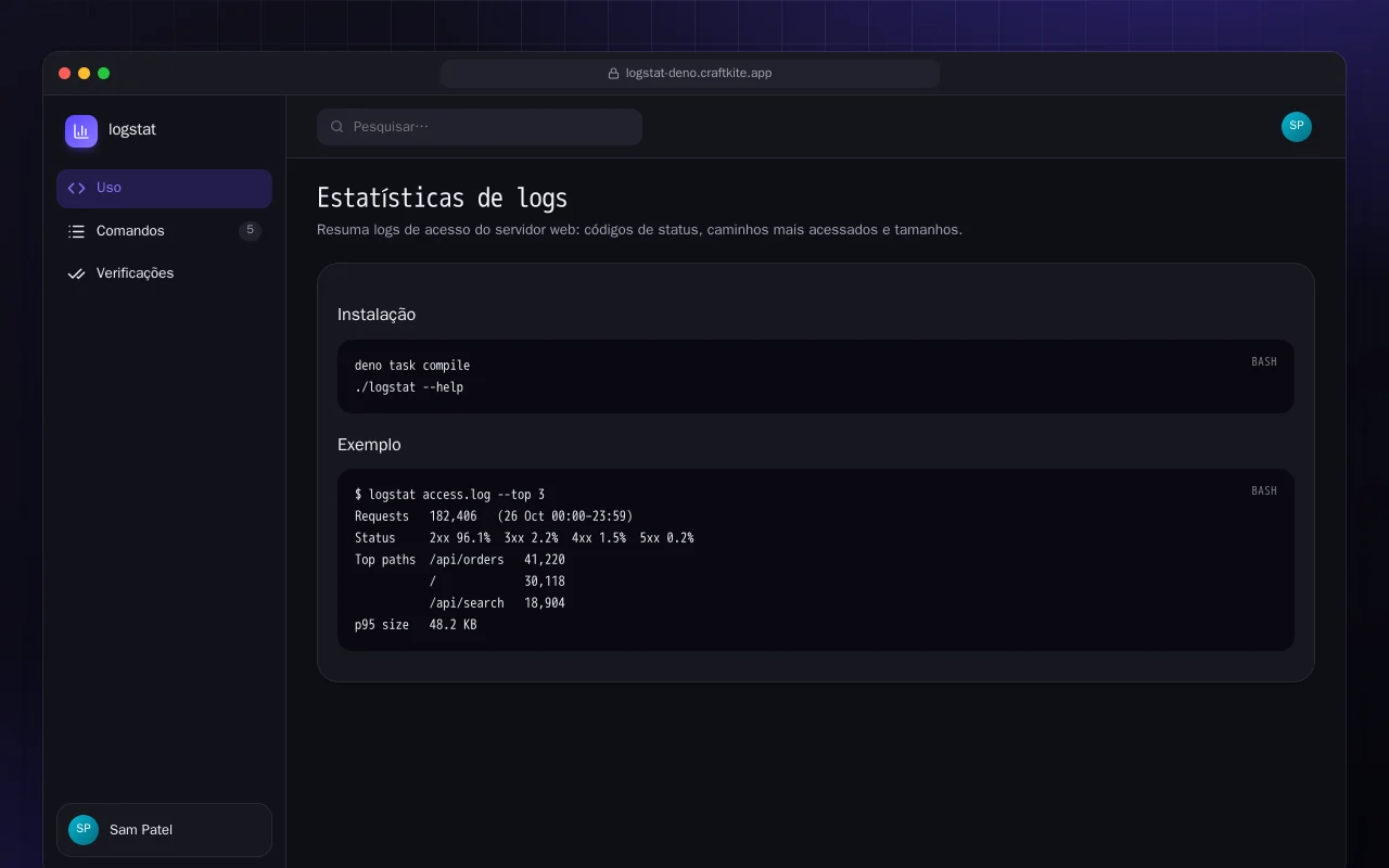 Estatísticas de logs (Deno): a tela Estatísticas de logs