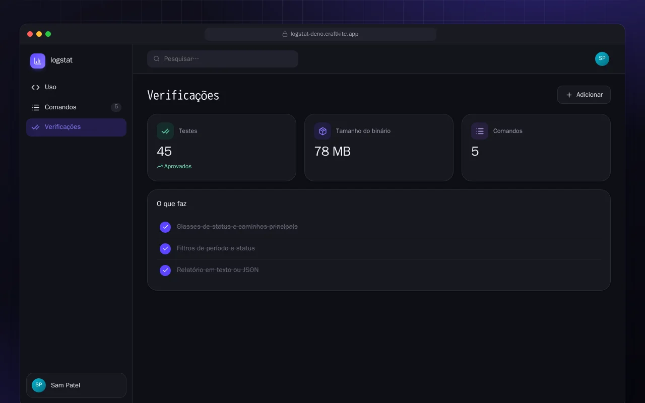 Estatísticas de logs (Deno): a tela Verificações