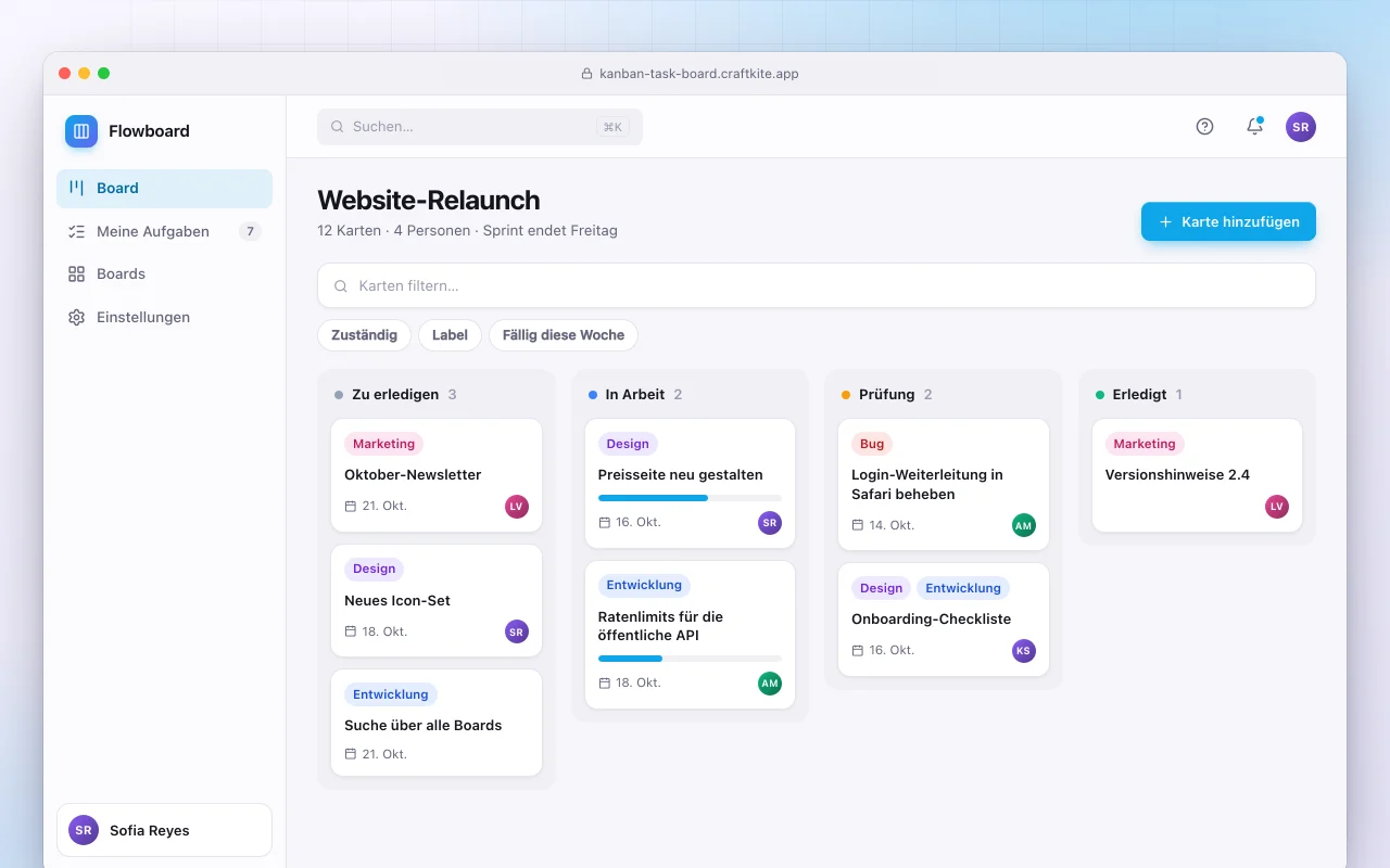 Kanban-Aufgabenboard: der Bildschirm „Website-Relaunch“