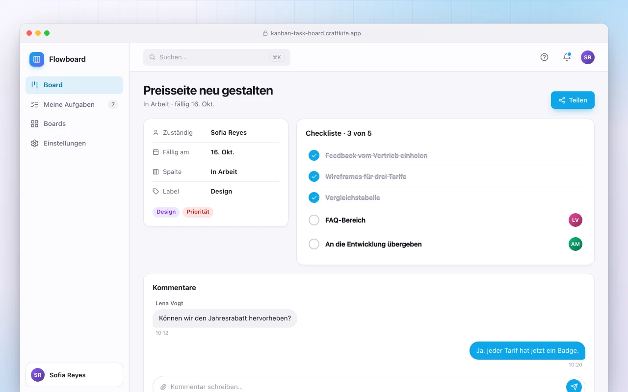Kanban-Aufgabenboard: der Bildschirm „Preisseite neu gestalten“