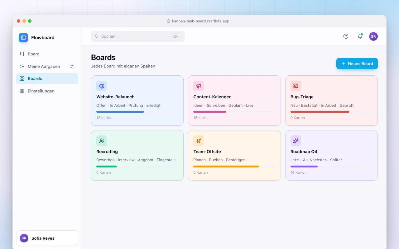 Kanban-Aufgabenboard: der Bildschirm „Boards“