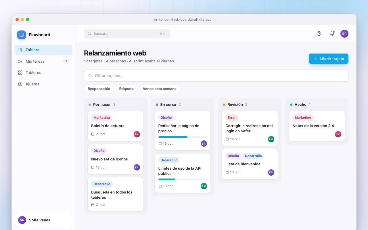 Tablero Kanban de tareas: la pantalla Relanzamiento web