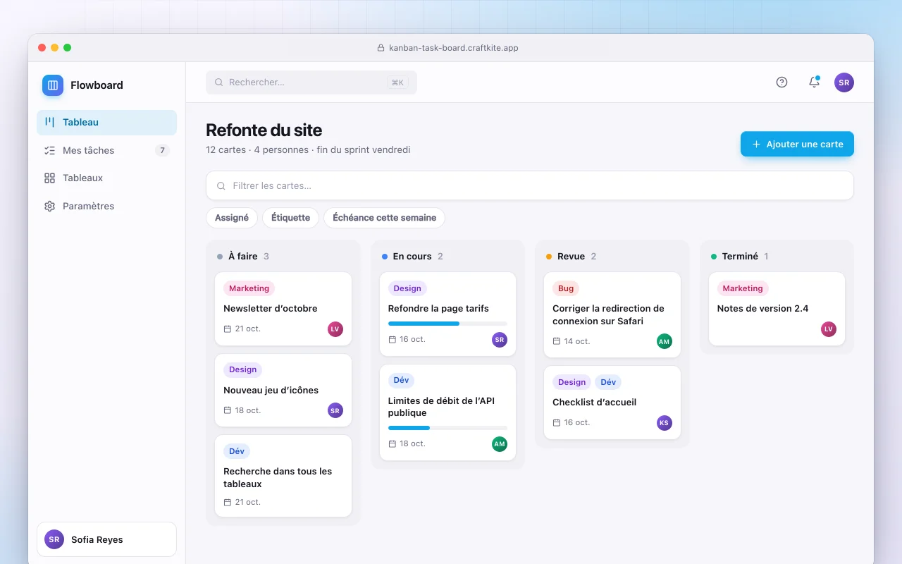 Tableau de tâches Kanban : l’écran Refonte du site