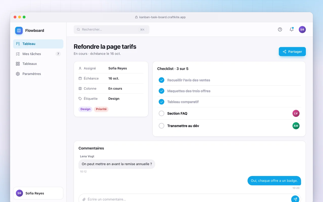 Tableau de tâches Kanban : l’écran Refondre la page tarifs