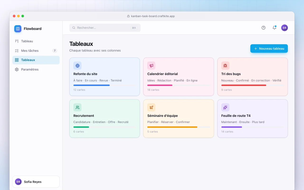 Tableau de tâches Kanban : l’écran Tableaux
