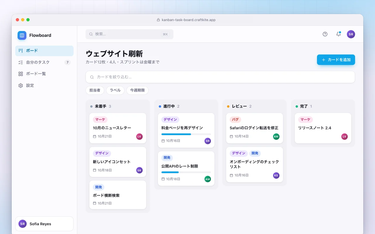 カンバンタスクボード：ウェブサイト刷新画面