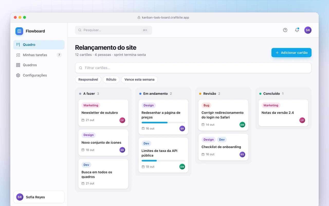 Quadro Kanban de tarefas: a tela Relançamento do site