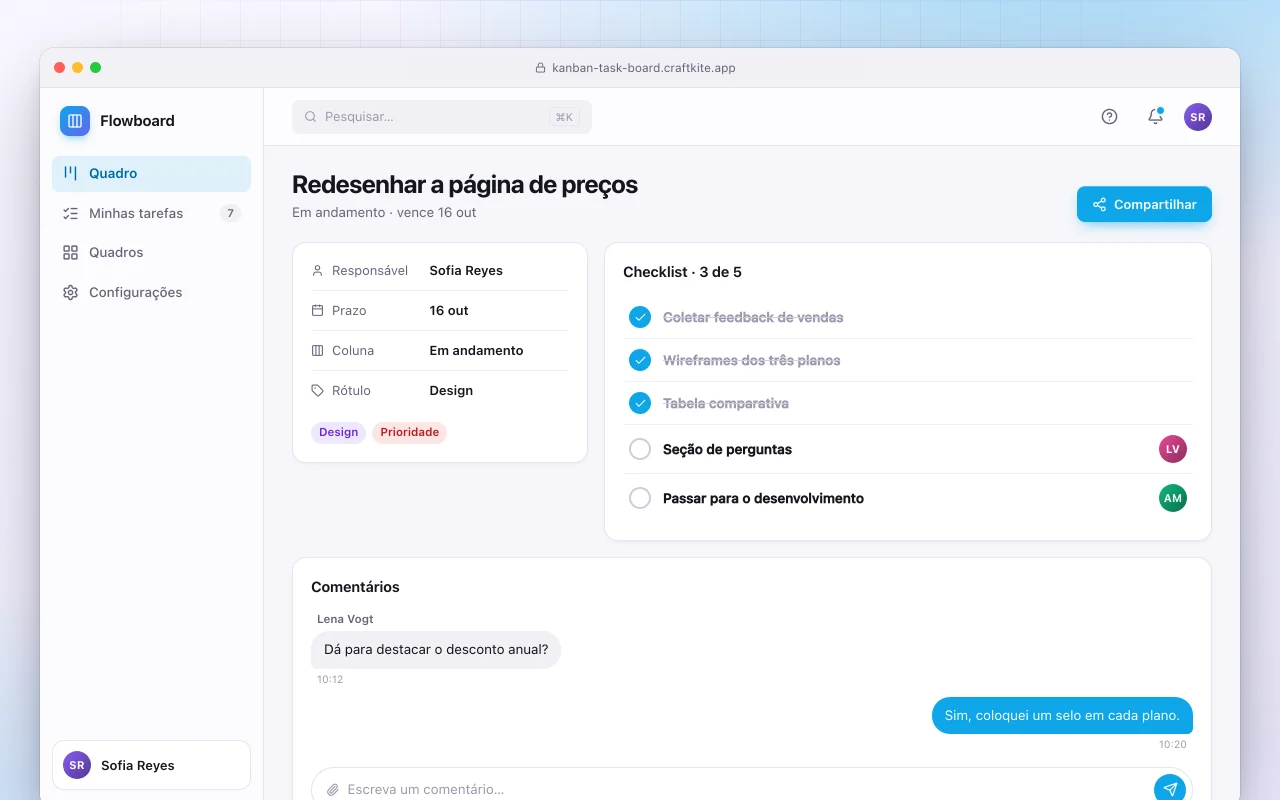 Quadro Kanban de tarefas: a tela Redesenhar a página de preços