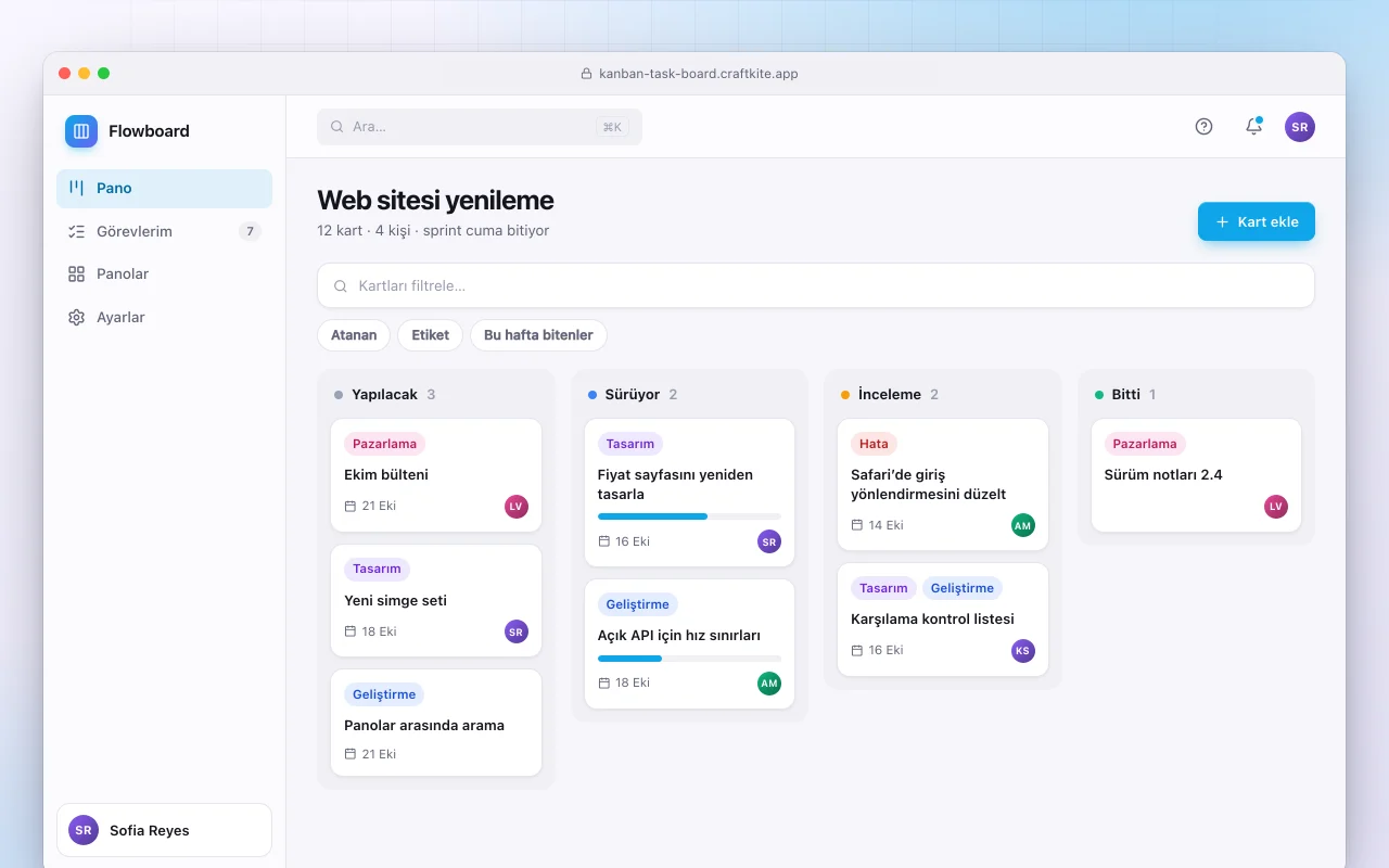 Kanban görev panosu: Web sitesi yenileme ekranı