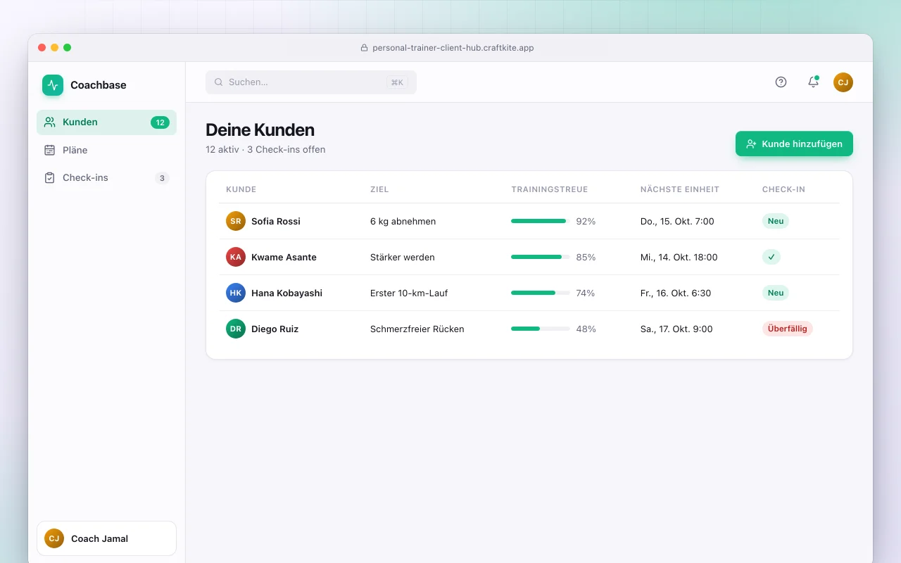 Kunden-Hub für Personal Trainer: der Bildschirm „Deine Kunden“