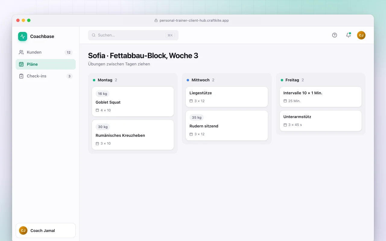 Kunden-Hub für Personal Trainer: der Bildschirm „Sofia · Fettabbau-Block, Woche 3“