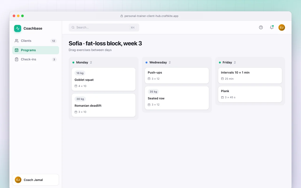 Personal trainer client hub: the Sofia · fat-loss block, week 3 screen