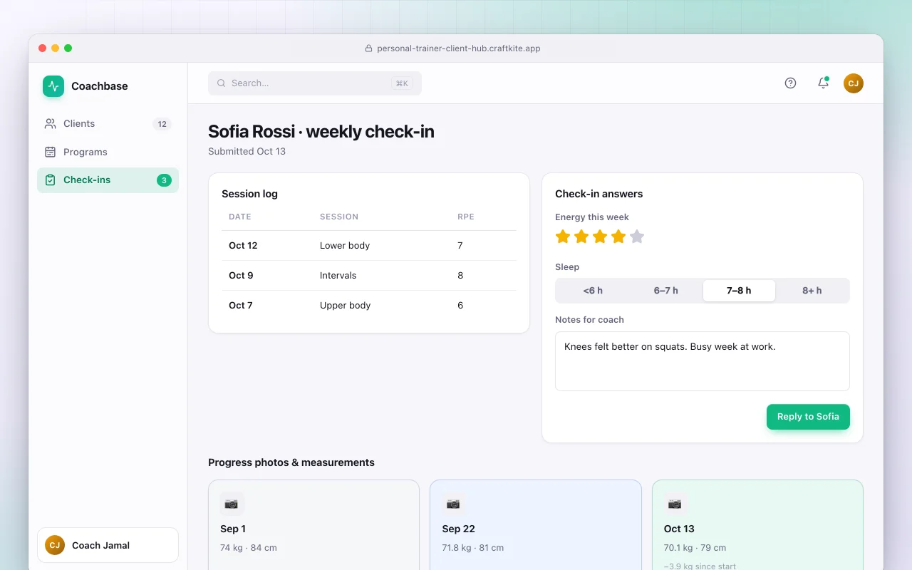Personal trainer client hub: the Sofia Rossi · weekly check-in screen
