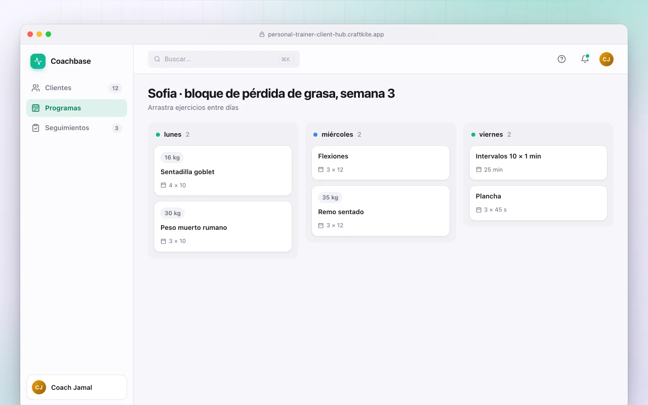 Panel de clientes para entrenadores: la pantalla Sofia · bloque de pérdida de grasa, semana 3