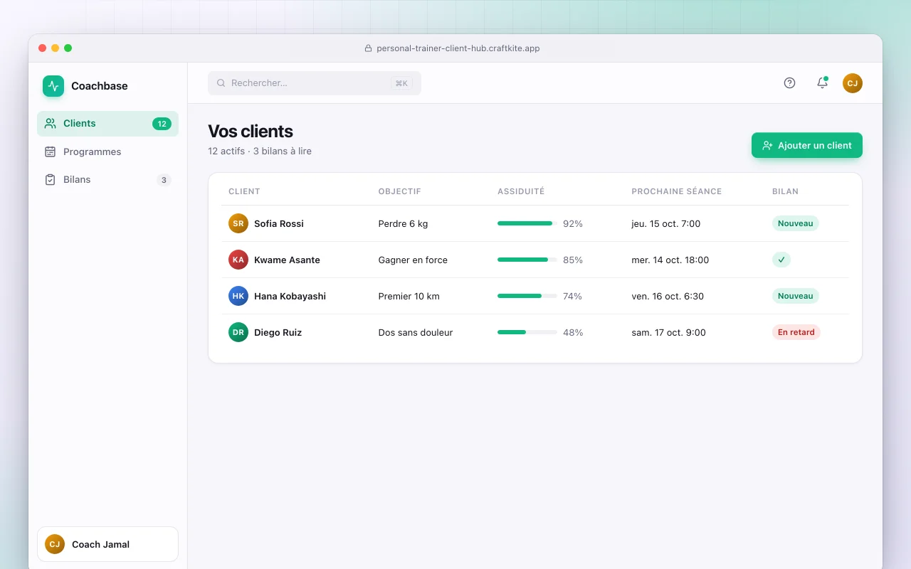 Espace clients pour coach sportif : l’écran Vos clients