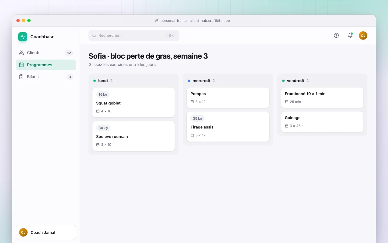 Espace clients pour coach sportif : l’écran Sofia · bloc perte de gras, semaine 3
