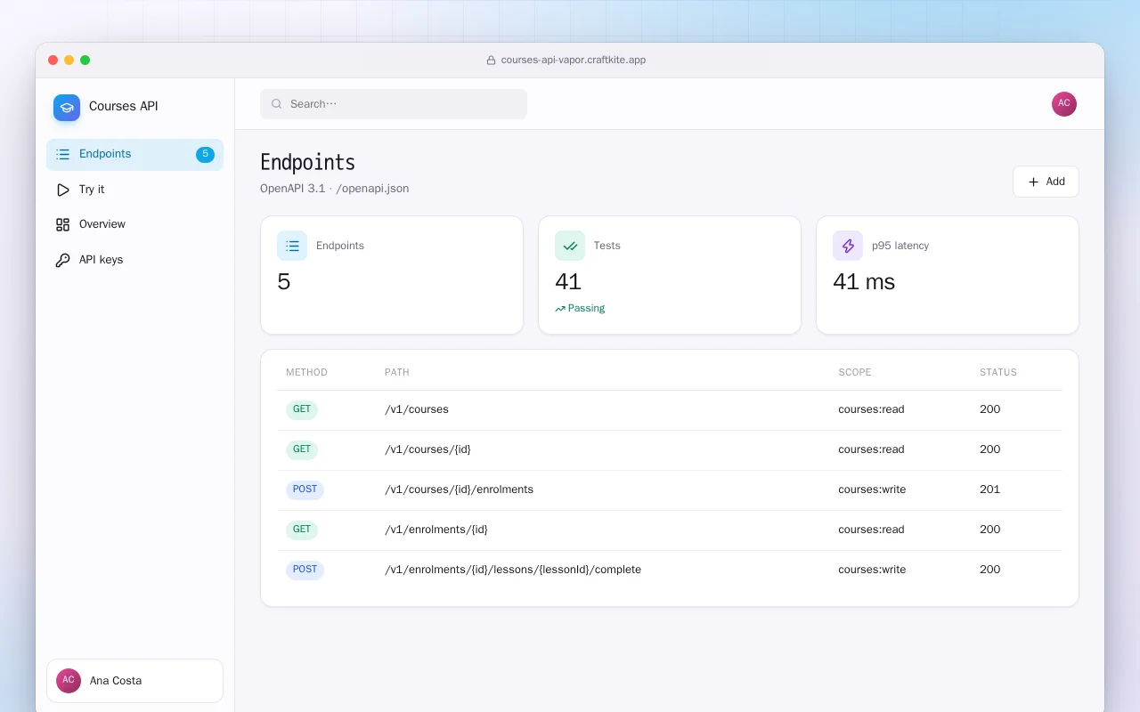 Courses API (Vapor): the Endpoints screen