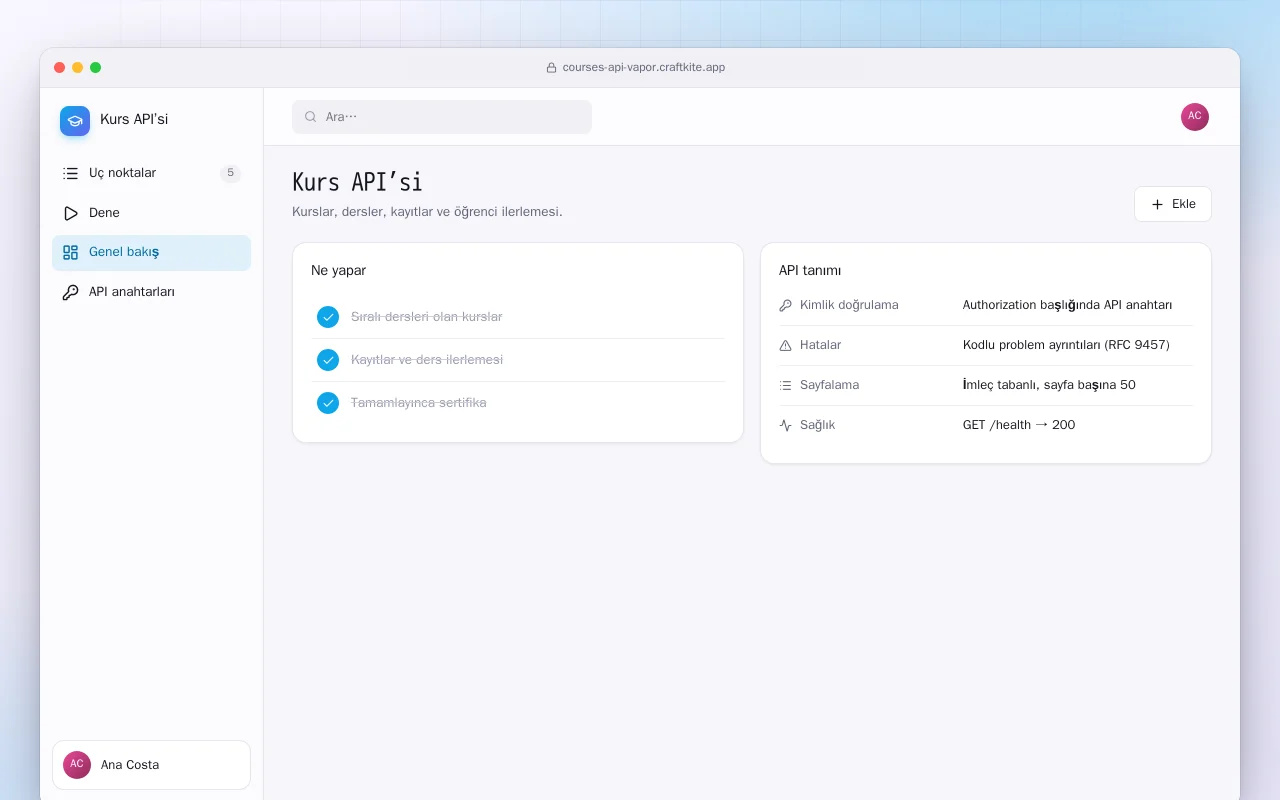 Kurs API’si (Vapor): Kurs API’si ekranı
