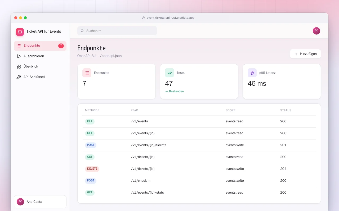 Ticket-API für Events (Rust): der Bildschirm „Endpunkte“