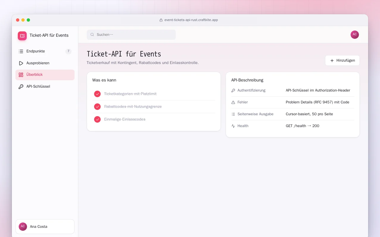 Ticket-API für Events (Rust): der Bildschirm „Ticket-API für Events“
