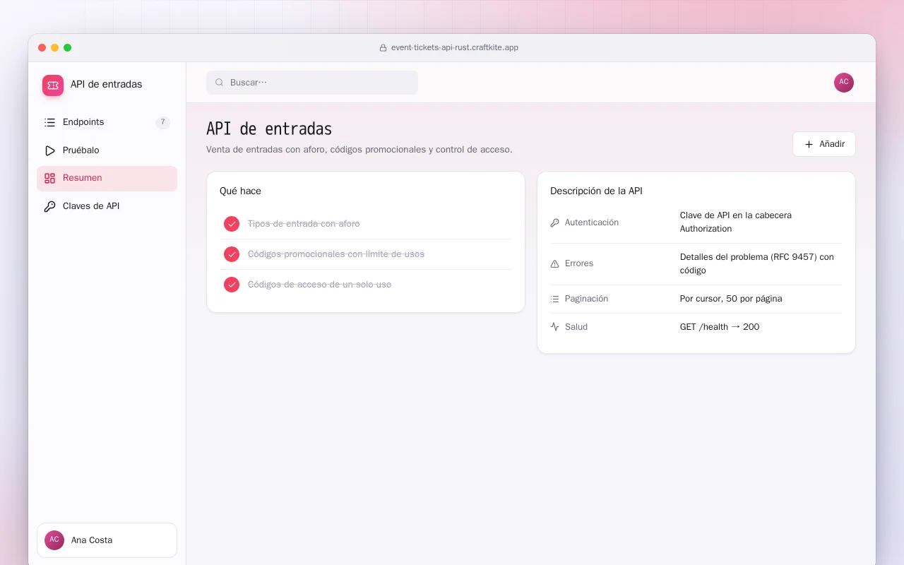 API de entradas (Rust): la pantalla API de entradas